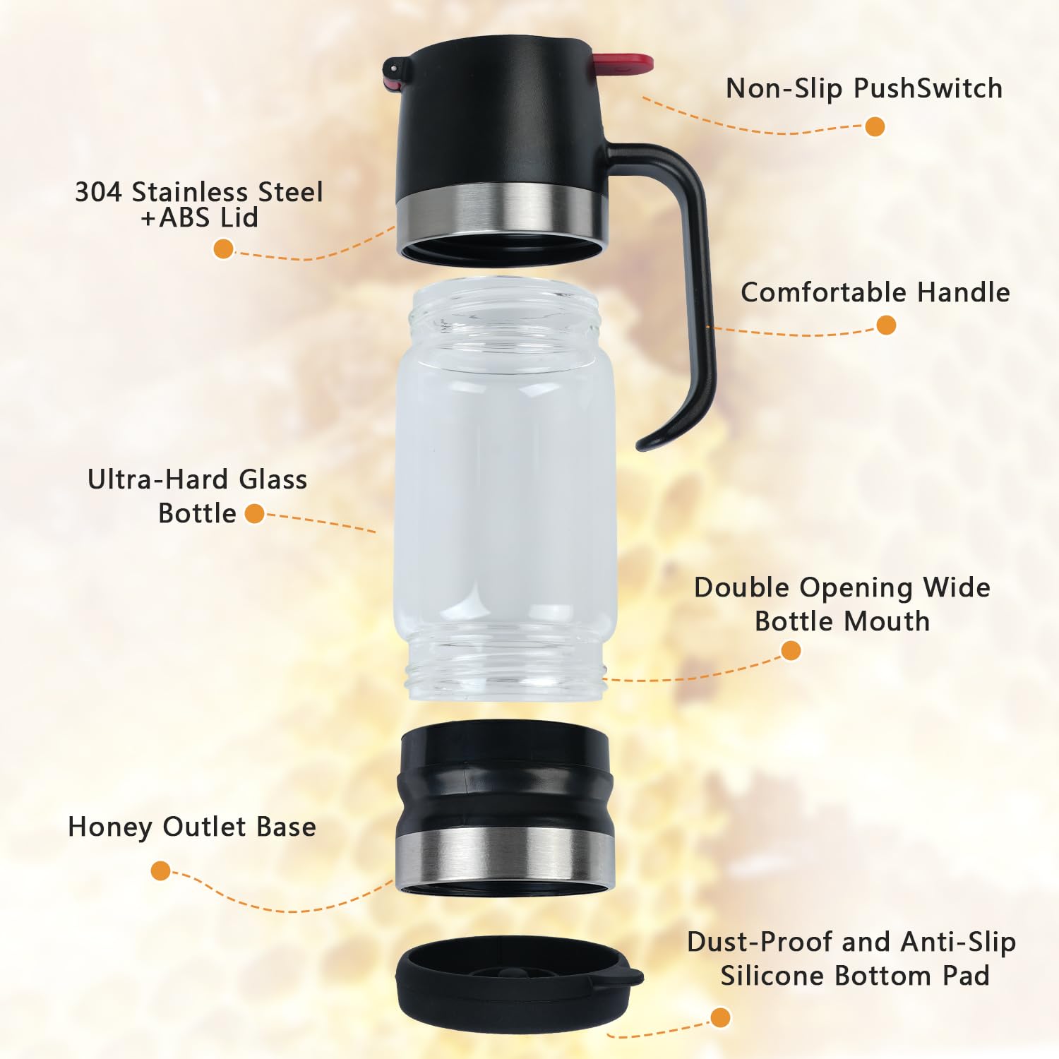 Ecopandy Honey Dispenser 12Oz No Drip with Base 2026 Upgrade, Glass Honey Jar pot with Handle, Syrup Dispenser for Coffee or Tea, Mess Free Honey Dispenser for Honey and Syrup, Honey Container