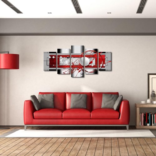 AWLXPHY Abstract Canvas Wall Art - Modern Red, Black & Grey Circle Design | 5-Piece Framed Set (60'' x 30'')