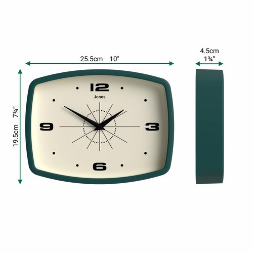 JONES CLOCKS® Movie Wall Clock | Rectangular Retro Clock | 10 inch | Dark Green | Cool mid-Century Designer Look for Kitchen, Living Room or Office