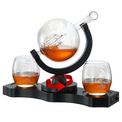 Whiskey Decanter Rotating Globe Set with 2 Etched Whiskey Glasses - Gifts Men Dad, Anniversary Birthday House Warming, Liquor Scotch Bourbon Vodka Gift Him Husband 850ml Ship Decanters, Electronic Set