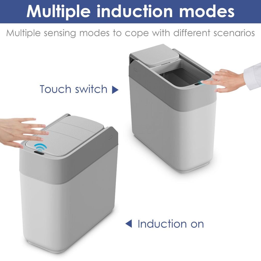 Small Bathroom Trash Cans with Lids,Motion Sensor Bathroom Trash Can,Waterproof Plastic 3.2 Gallon Automatic Adsorption Touchless Garbage Can for Kitchen,Living Room,Office,Laundry,White/Grey