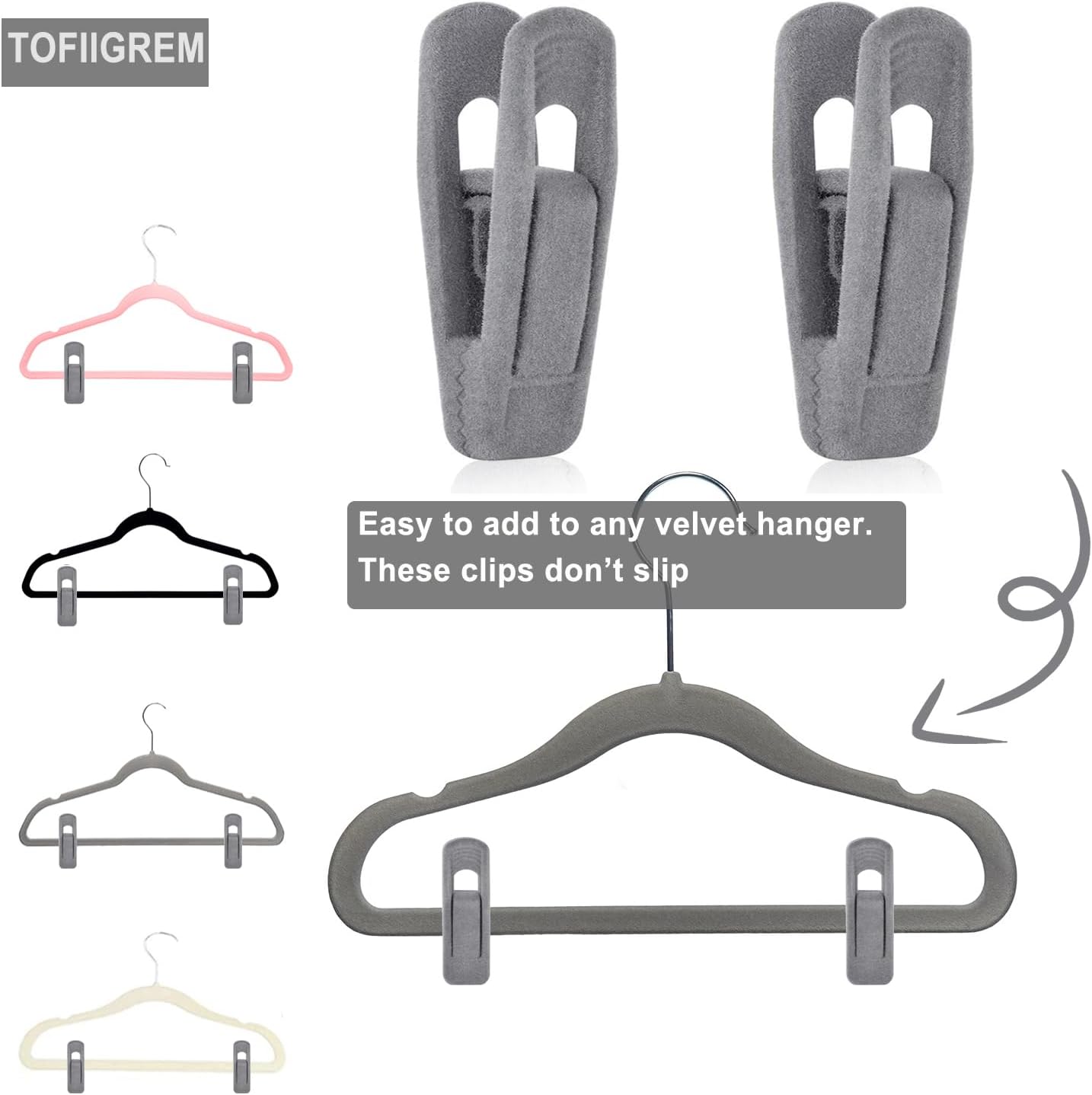 TOFIIGREM Grey Velvet Clips - 20 PCS Non-Slip Clips for Slim Velvet Hangers | Perfect for Pants and Clothes