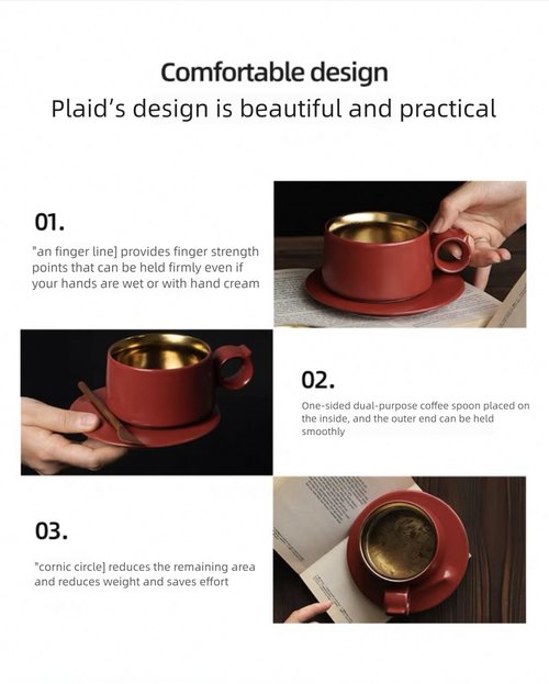 EartAura Designer’s Original Handmade Ceramic Coffee Mugs with Saucer，Food-Grade Titanium, Unique Ring Coffee cup for Office and Home, Birthday，Valentine's Gifts for Men and Women (Cherry red)