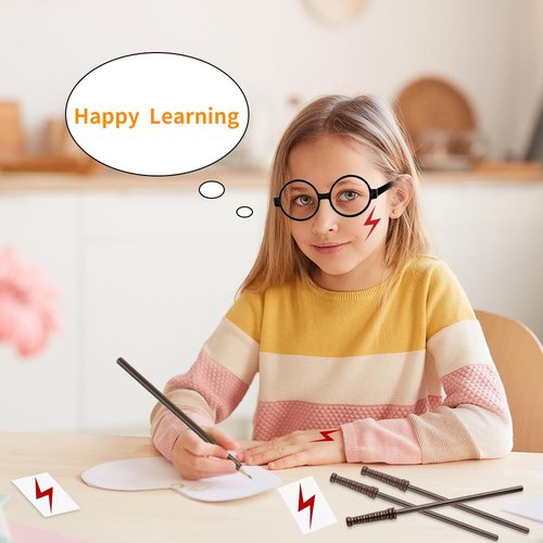 36Pcs Wizard Theme Party Favors - Wand Pencils Wizard Glasses with No Lenses Lightning Bolt Scar Temporary Tattoo for Teen Kid Student Magic Birthday Party Favors Halloween Decor School Rewards Black