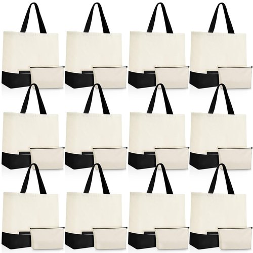 Sanwuta 24 Pcs Canvas Tote Bags Bulk with Zipper Cosmetic Bags 18.5" Cotton Canvas Bag with Handles Reusable Shopping Bags(Beige and Black)