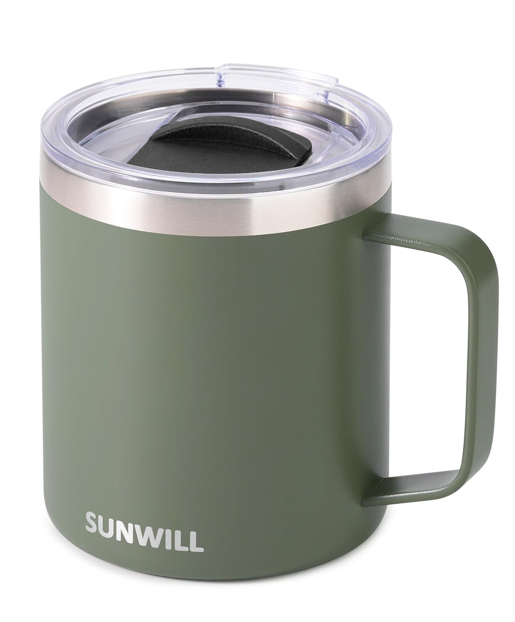 SUNWILL Travel Coffee Mug with Lid, Insulated Tumbler with Handle, 14 oz Stainless Steel Cup for Home, Office, Camping, Powder Coated Camp Green