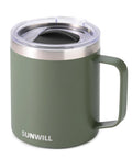 SUNWILL Travel Coffee Mug with Lid, Insulated Tumbler with Handle, 14 oz Stainless Steel Cup for Home, Office, Camping, Powder Coated Camp Green