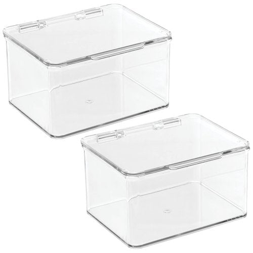 mDesign Plastic Kitchen Pantry and Fridge Storage Organizer Box Containers with Hinged Lid for Shelves or Cabinets, Holds Food, Snacks, Canned Drinks, Seasoning, Condiments, or Utensils, 2 Pack, Clear