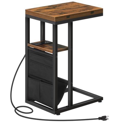 HOOBRO Foldable End Table with Charging Station, C Shaped Side Table with Storage Bag, Slide Under Sofa Couch Table for Small Spaces in Living Room, Bedroom, Easy Assembly, Rustic Brown BF101USF01