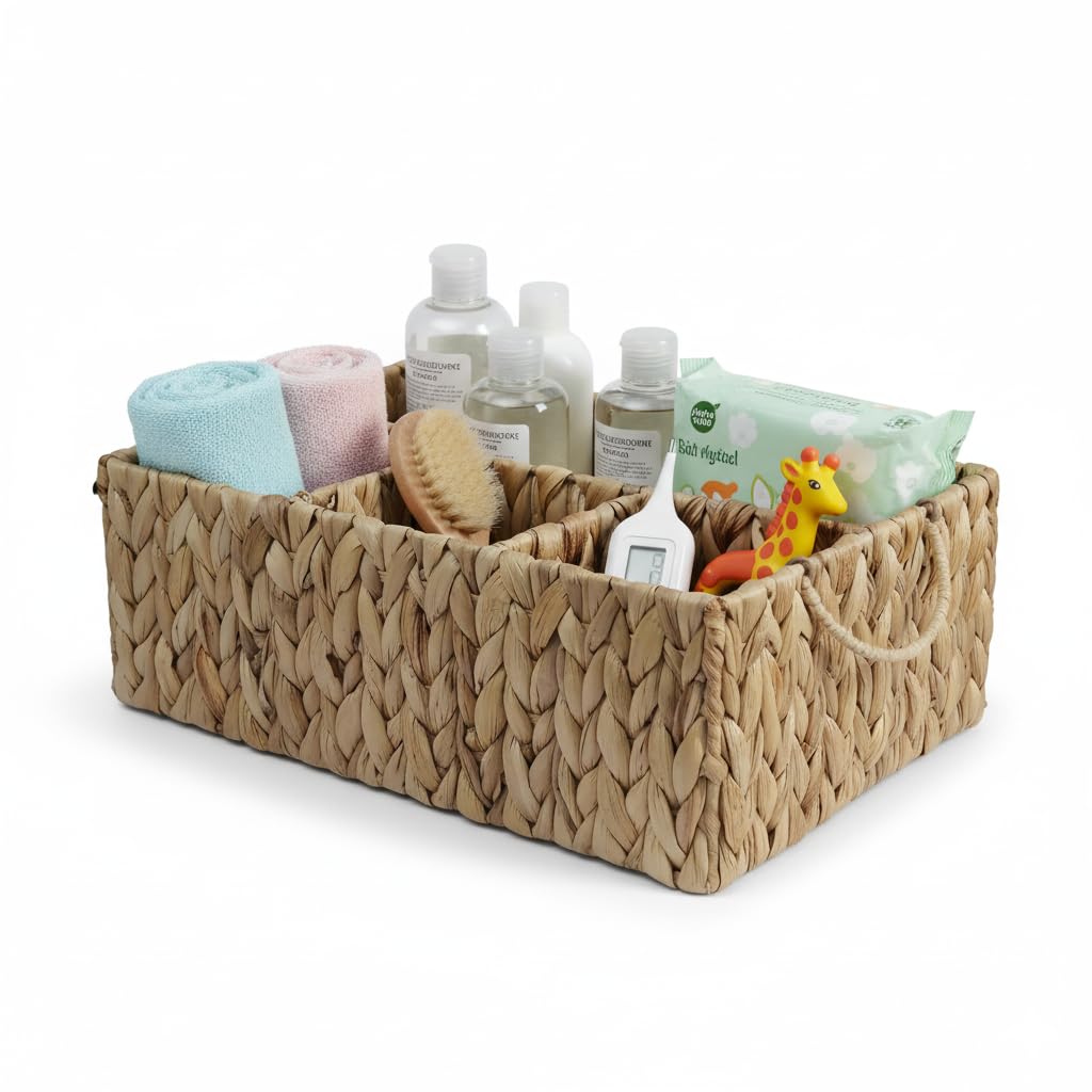 VILSSOVY Storage Basket with Handles, Water Hyacinth Storage Baskets, Wicker Diaper Caddy, Basket with dividers, Countertop Organizer for Bathroom, Living Room, Home(15.75*11.03*5.52 inches)