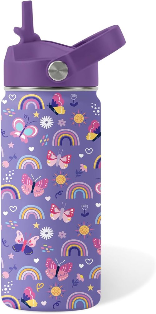 Butterfly Gifts 16oz Purple Kids Water Bottle - Insulated Stainless Steel, Leakproof & BPA-Free Tumbler for School & Travel