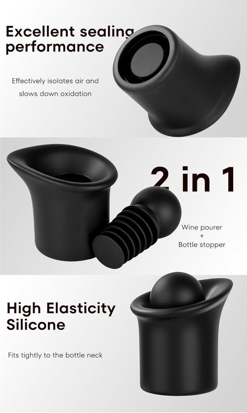 4pcs Black Wine Stopper，Red Wine Saver for Red Wine, Baijiu and Champagne with Filtration Pouring Function