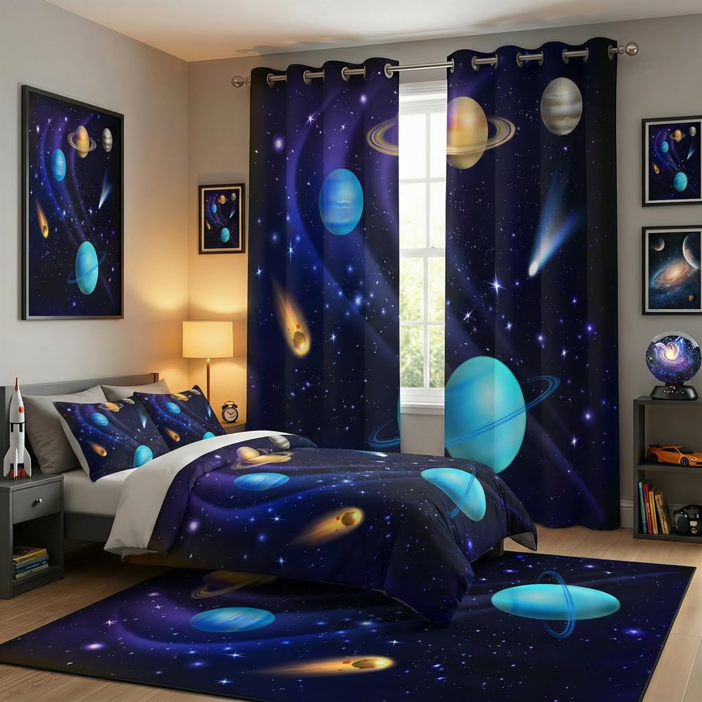 terxgrl Space Curtains for Boys Room, Galaxy Outer Space Blackout Window Curtains, Solar System Planets Darkening Drapes for Kids Bedroom Playroom, 72 x 63 Inch