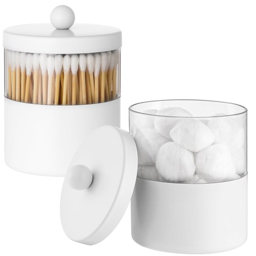 Gaussra White Apothecary Jars, White Qtip Holder - Stainless Steel Bathroom Jar with Stickers - Farmhouse Decor Qtip Dispenser for Qtips, Cotton Balls, Swabs, Makeup Sponges (2-Pack)