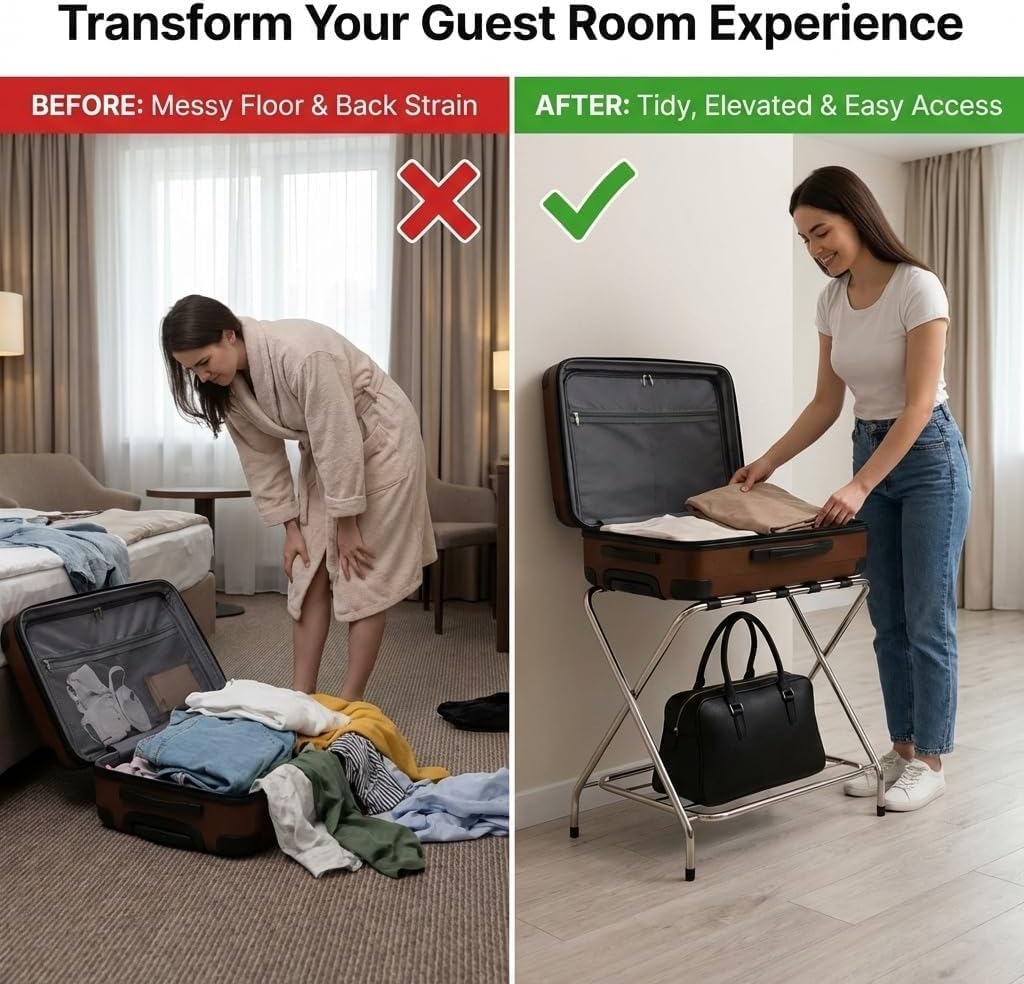 USTECH Luggage Rack double tier for Guest Room ,Chrome, Foldable Suitcase Stand with Straps,self assemble – Heavy Duty Luggage Stand for Bedroom, Hotel, or Closet Storage(Pack of 1)