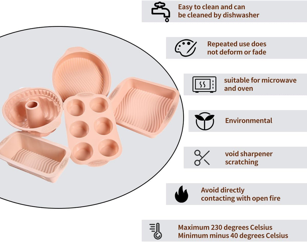 Skiennix 10-in-1 Nonstick Silicone Baking Pan Set - BPA Free, Heat Resistant Bakeware for Muffins, Loaves, and More (Pink)