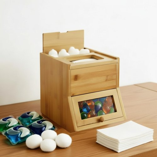 Fiwochic Bamboo Laundry Pods Container 10.6 x 8.3 x 6.9 Inch, 3 in 1 Multi Purpose Storage Organization Container for Laundry Pods, Facial Tissues, Disposable Gloves, Dryer Sheet Box