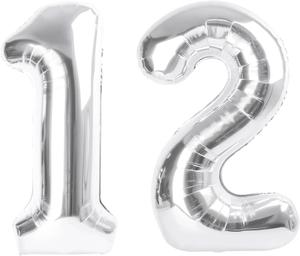 Skiennix 40-Inch Silver Number 12 Balloon - Large Mylar Birthday Decoration for 12 & 21 Years Old