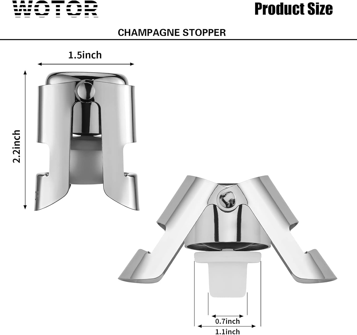 WOTOR Champagne Stoppers with Stainless Steel Champagne Bottle Stopper with Food Grade Silicone Reusable Champagne Cork, Saver Suitable for Champagne, Cava, Prosecco, Sparkling Wine (Silver, 2pack)