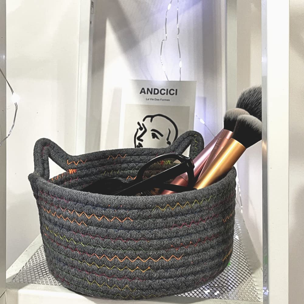 Small Woven Baskets | Mini Storage Bins | Cotton Rope Baby Nursery Organizers | Cute Round Cat Ears Basket for Organizing Desk Decor Kids Toy Dog Cat Baby Girls Gifts-Set of 3 (Grey mixed colors)