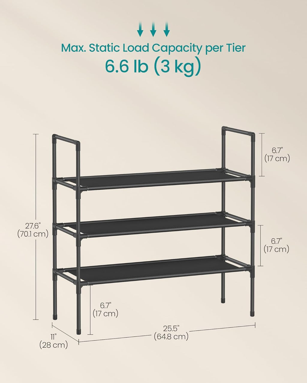 SONGMICS 3-Tier Shoe Rack - Slim Space-Saving Storage for Hallway Closet - Metal Frame, Black