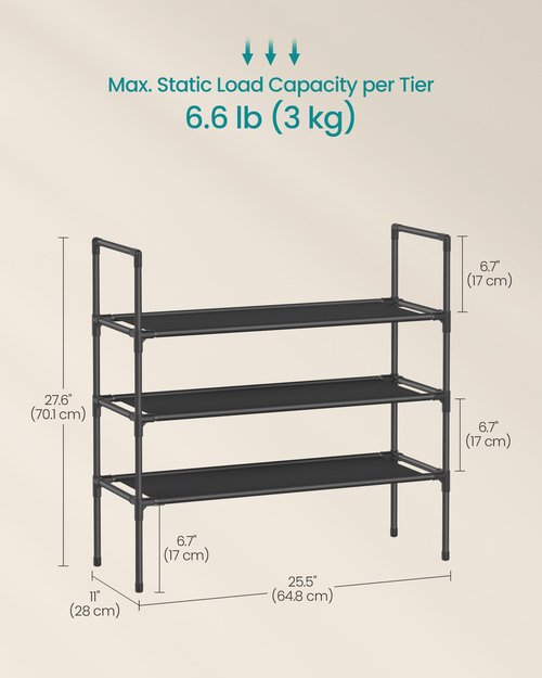 SONGMICS 3-Tier Shoe Rack, Shoe Storage for Hallway Closet, Slim and Space-Saving, Metal Frame, Non-Woven Fabric Shelves, Black ULSH043BH01