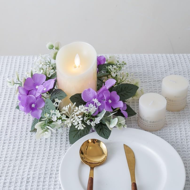 Skiennix Candle Rings - Artificial Hydrangea & Eucalyptus Wreaths for Pillar Candles | Purple, 2 Pcs Set