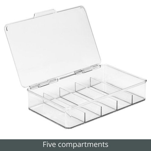 mDesign Plastic Divided Stackable Hair, Makeup & Jewelry Organizer Box with Hinge Lid for Bathroom Vanity Countertop - 5 Sections - Stores Hair Clips, Barrettes - Ligne Collection - 2 Pack - Clear
