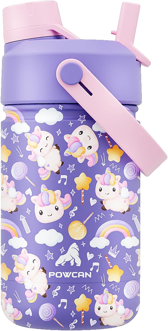 Skiennix 12 Oz Insulated Water Bottle for Kids - 2-in-1 Straw Spout Lid, Spill-Proof, BPA-Free, Cute Unicorn Design