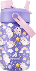 Skiennix 12 Oz Insulated Water Bottle for Kids - 2-in-1 Straw Spout Lid, Spill-Proof, BPA-Free, Cute Unicorn Design