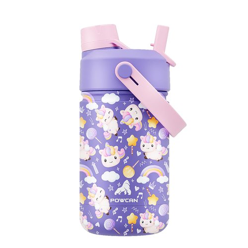 12 oz Insulated Water Bottle for Kids: 2-in-1 Straw Spout Lid, Spill-proof, BPA-Free, Easy Clean, Keep Cold 24H, Cute Patterns, Stainless Steel Cup for School, Travel, Playtime, Gift (Unicorn Jam)