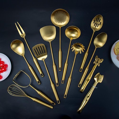 VALESKA 304 Stainless Steel Kitchen Utensils Set(Gold-13PCS),Include slotted spoon stainless steel, metal cooking slotted spoon, metal pasta spoon and etc,Easy to Clean