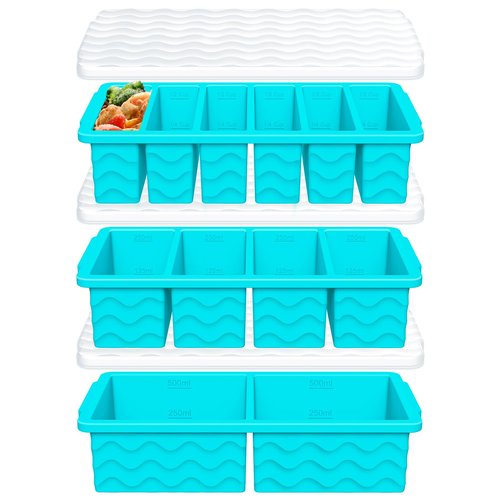 3-Pack Silicone Freezer Trays with Lid,2 Large 2-Cup(500ml)&4 Medium 1-Cup(125ml)&6 Small 1/2-Cup(75ml) Soup Freezer Container Molds,Ice Cube Tray For Meal Prep&Freezing Soup,Stews,Sauces