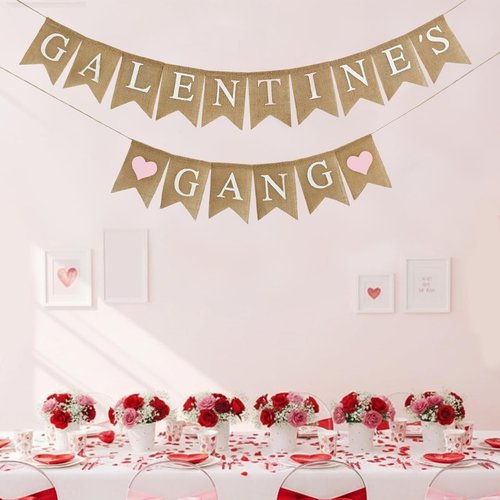 Galentine's Day Decorations Banner Burlap, Pink Heart Galentine Gang Hanging Banner Girl Ladies Party Supplies Photo Props Galentines Theme Decor