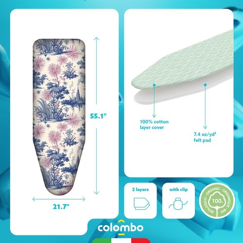 Colombo Ironing Board Cover 55.1” x 21.7” – Fits Boards Up to 51.2” x 17.7” – 2-Layer Organic Cotton & Felt Pad, Clip Included, Spring Blossom Design, Made in Italy