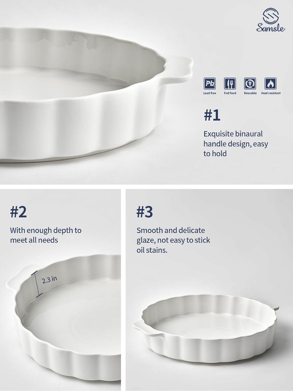 Samsle Ceramic Pie Pan - 13-Inch Round Baking Dish with Double Handles | Ruffled Edge, Oven Safe
