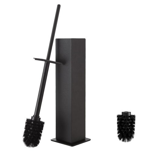 Toilet Brush and Holder Floor Standing, Black with 2 Replaceable Heads, Bathroom Toilet Brush, Freestanding Toilet Bowl Brush with Removable Liner and Splash Guard, Modern Square Design