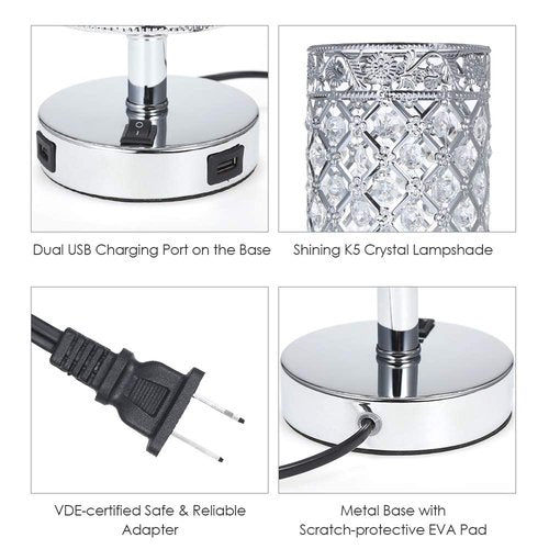 Tomshine USB Crystal Table Lamp Set of 2 Bedside Lamp with USB Charging Ports, Modern Elegant Nightstand Lamp Desk Lamps，Silver Crystal Lamps for Bedroom Living Room Home Office (Silver)