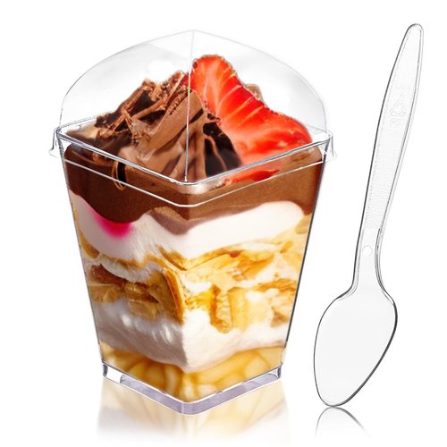 Legredic 50Pack 5oz Plastic Dessert Cups with Lids and Spoons, Square Clear Parfait Appetizer Cups, Mini Reusable Shooter Serving Cups, Party Dessert Shot Glasses for Tasting