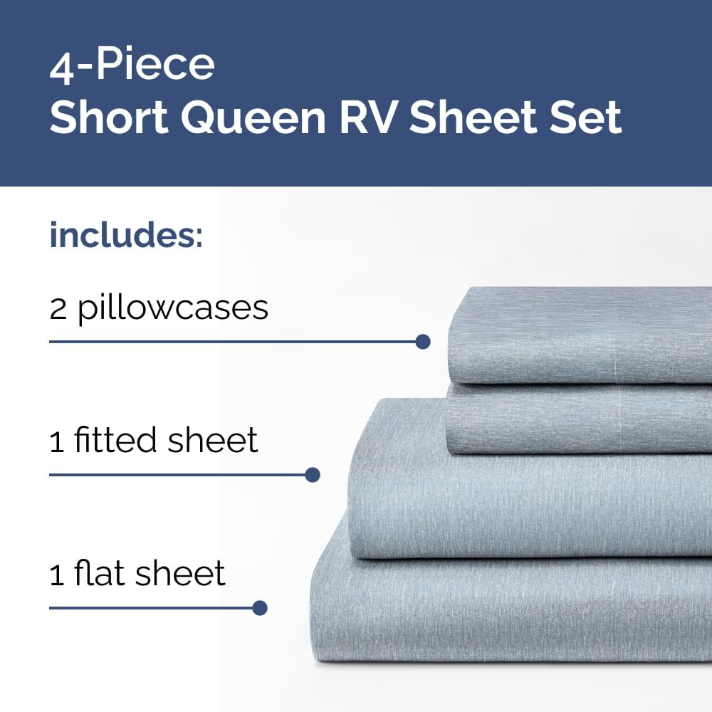 RV Short Queen Sheet Set - 4-Piece Soft, Breathable & Cooling Bedding | Fits 8” to 12” Mattresses - Heathered Blue