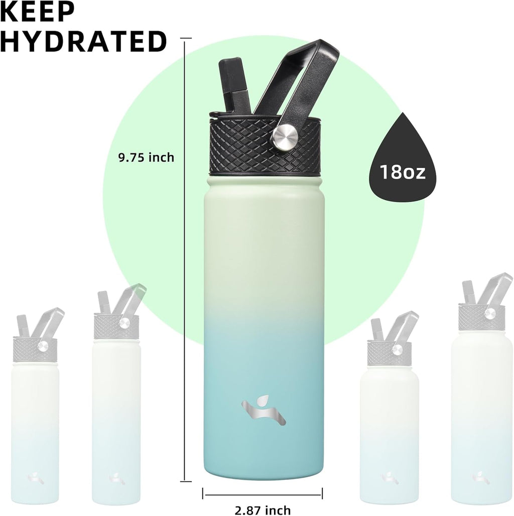 Skiennix 18 oz Insulated Stainless Steel Water Bottle - Versatile Sport Bottle with 3 Lids | Mint Color