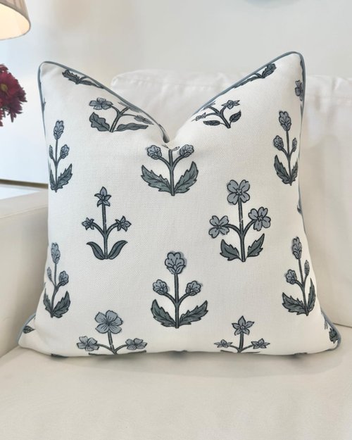 Jillien Harbor "The Bella” Floral Block Print Pillow Cover – Blue & White Decorative Throw Pillow Cover with White Background – Grandmillennial Home Decor, 20" x 20"