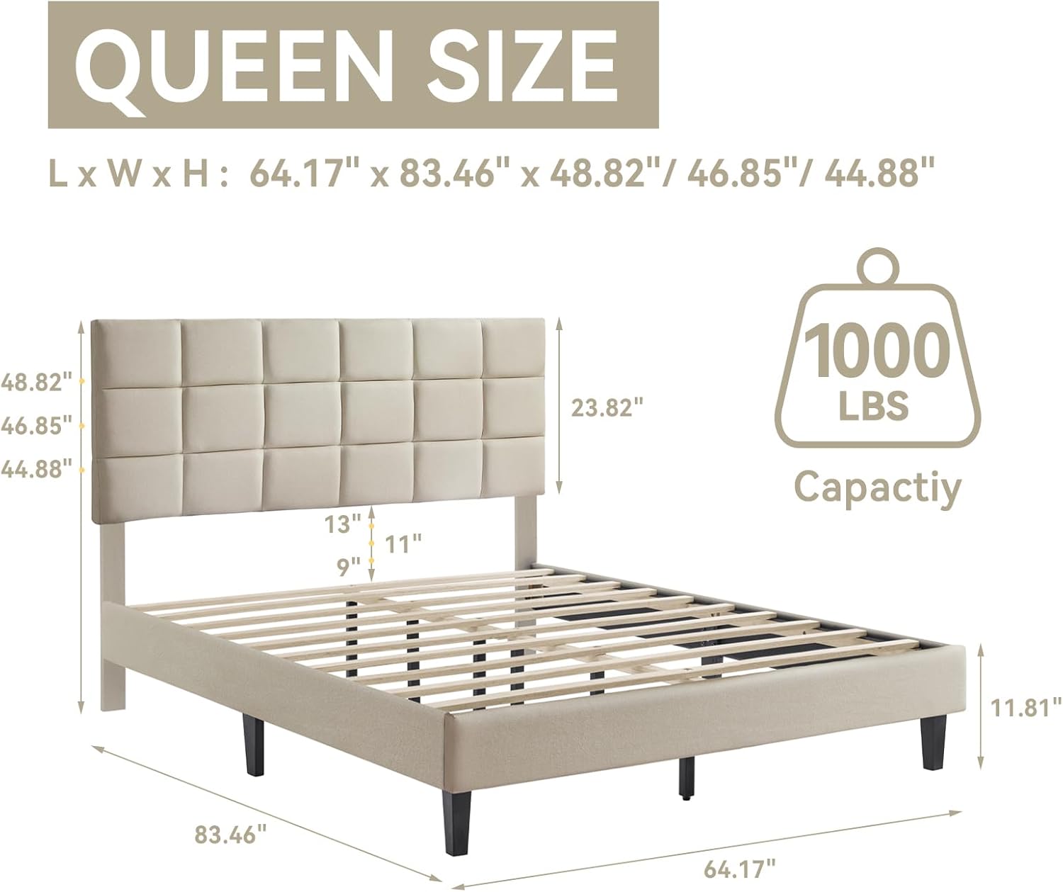 Susalt Queen Size Bed Frame - Upholstered Linen Headboard, Wooden Slats, Easy Assembly, 1000LBS Capacity | Beige
