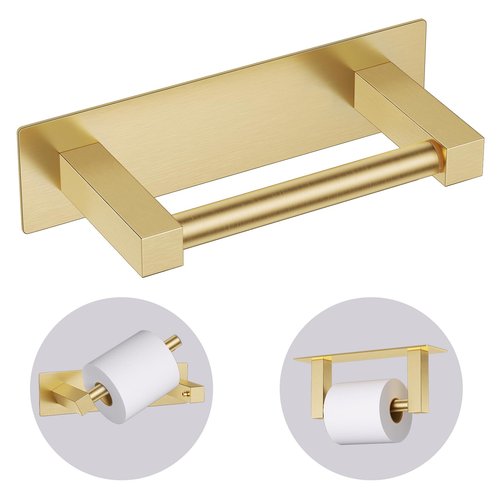 Brushed Gold Self Adhesive Toilet Paper Holder, Stainless Steel Bathroom Toilet Paper Holder Stick On Wall Mount, Commercial Toilet Paper Dispenser Peel and Stick Toilet Paper Holder Adhesive