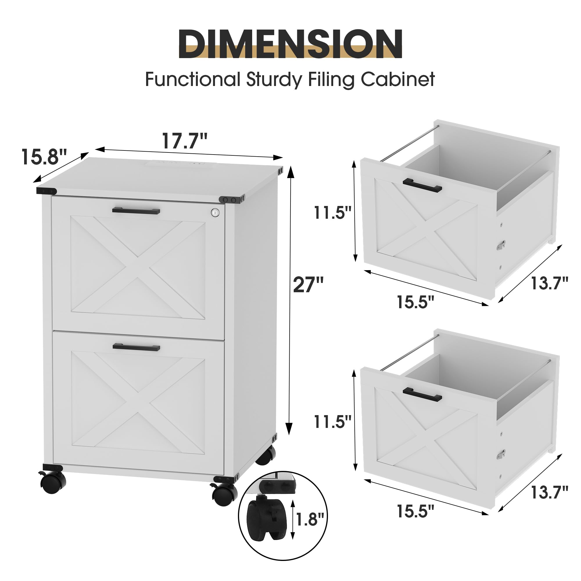 Onelike Small Wood File Cabinet with Lock, Nightstand with Charging Station, 2 Drawer Under Desk Lateral Filing Cabinets for Home Office, Printer Stand with Storage, White