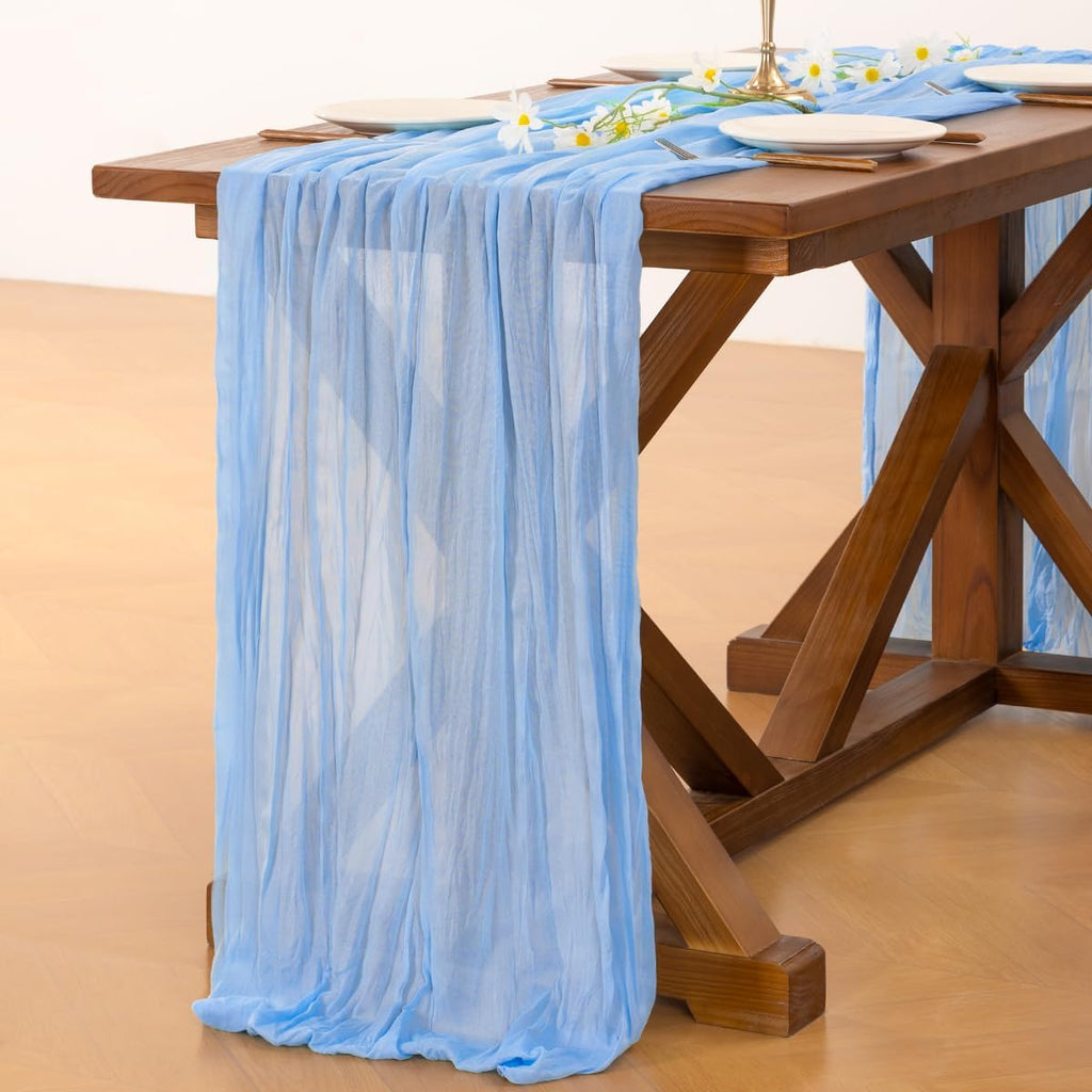 Socomi Cheesecloth Table Runner - Light Blue Boho Rustic Design | 10FT for Weddings & Events