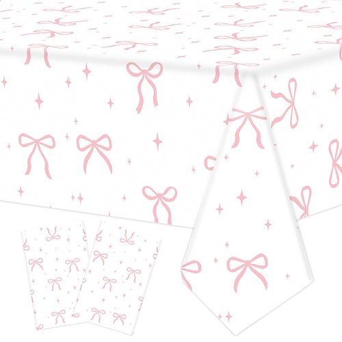 Maniaacer 2 PCS Pink Bow Tablecloth Bow Theme Plastic Table Cover Rectangle Coquette Disposable Party Tablecloth for Women Girls Birthday Bridal Bachelorette Party Decor