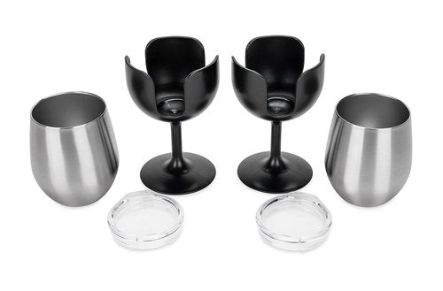 Camco Life is Better at The Campsite Wine Tumbler | Heavy Duty Double Wall Vacuum Insulation | Crafted of 18/8 Stainless Steel | Features Removable Black Stems | 2-Pk, 8-oz/Each (53485)
