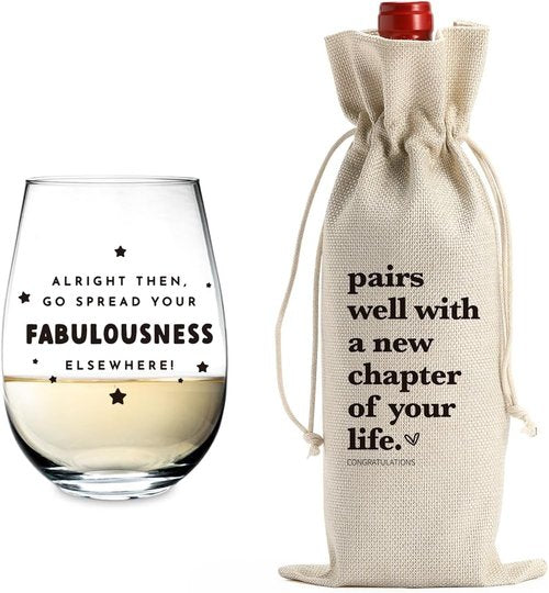New Chapter Wine Bag Glass Set - Farewell & New Beginnings Gifts for Women & Men - Reusable Burlap & Glass - Modern Style - 5.6'' x 12.9'' - Wine Glass Set