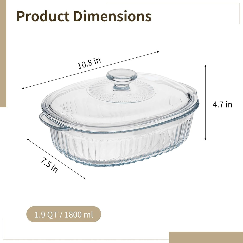 Skiennix 1.9 QT Oval Glass Casserole Dish - Clear Borosilicate, Oven & Fridge Safe, Easy-Clean Design